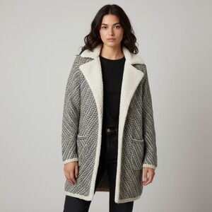 Altar'd State Knit Sweater Barn Coat Cardigan Cozy Sherpa Collar Chevron S Cream